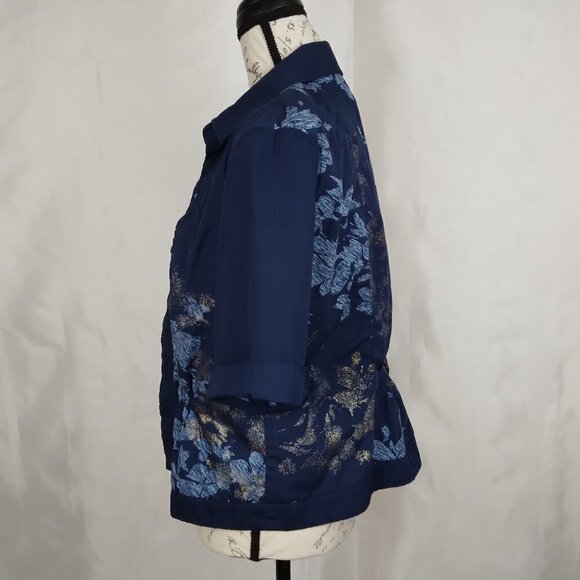 Coldwater Creek | Blue Floral Shirred Open Front Jacket | Size 14 - Picture 3 of 9